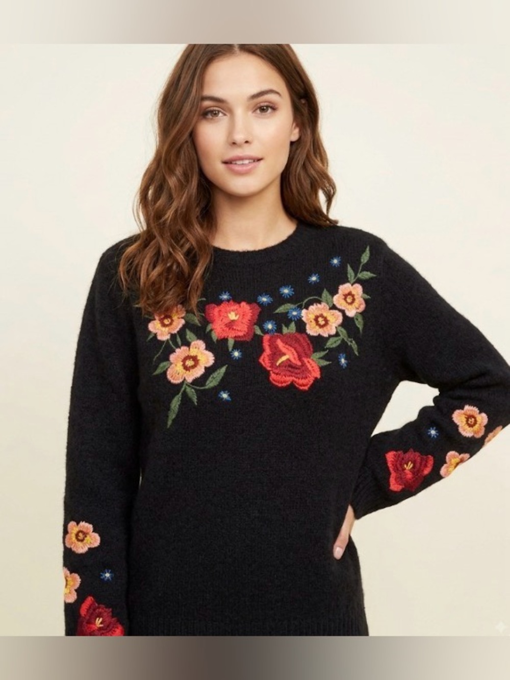 Cliche navy blue sweater with beautiful embroidered flowers size large